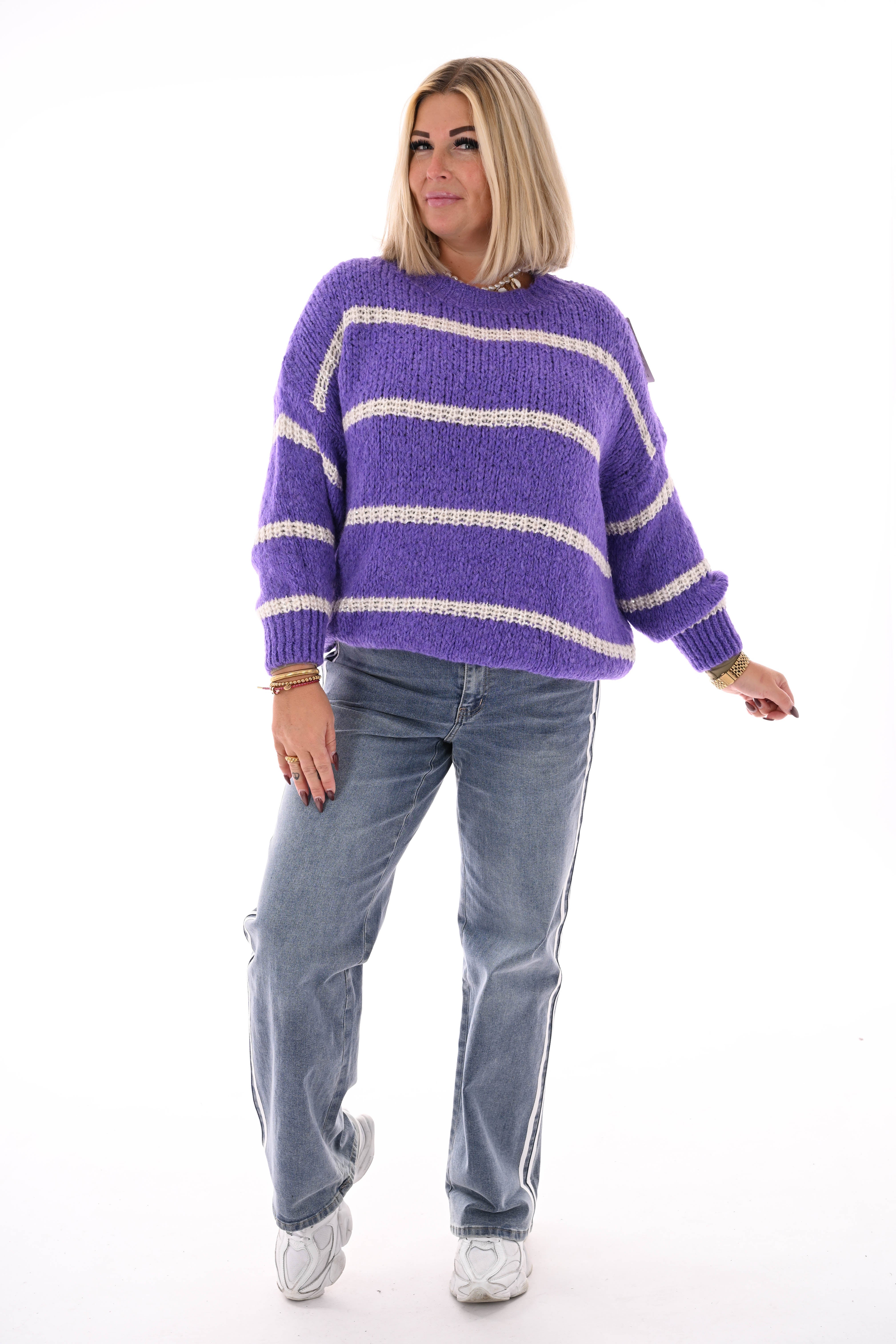 Gebreide trui lurex glitter strepen paars