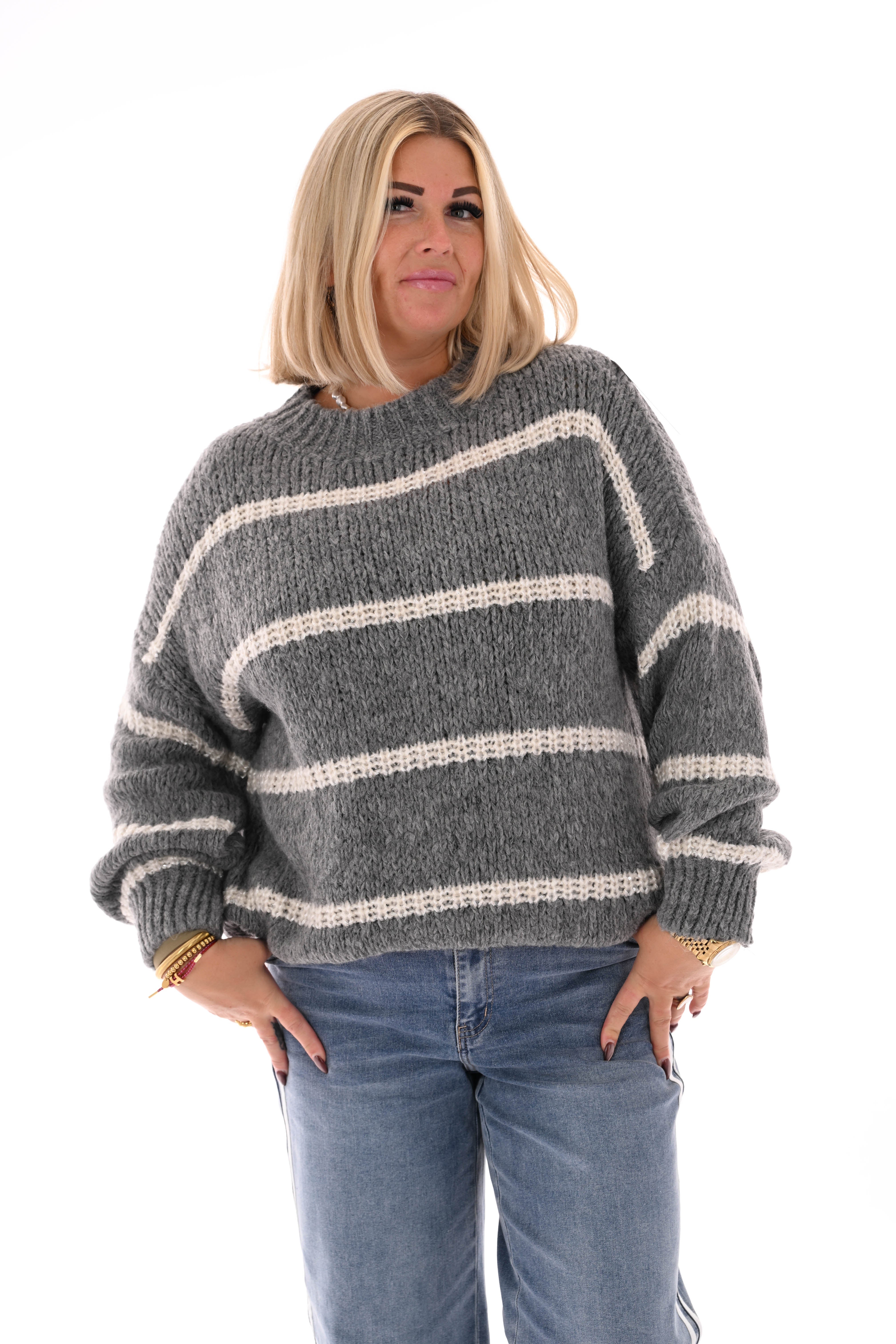Gebreide trui lurex glitter strepen grijs