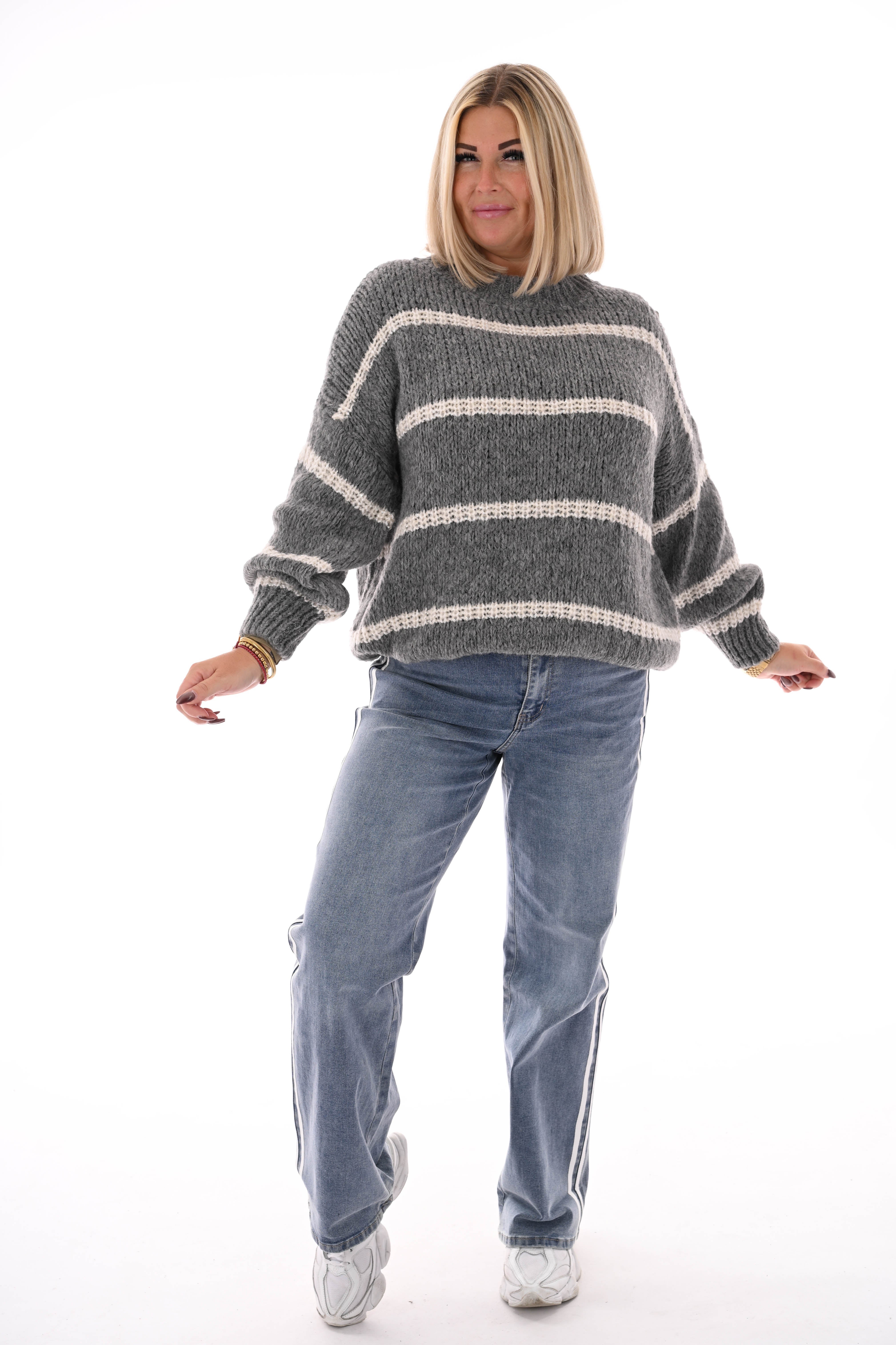 Gebreide trui lurex glitter strepen grijs