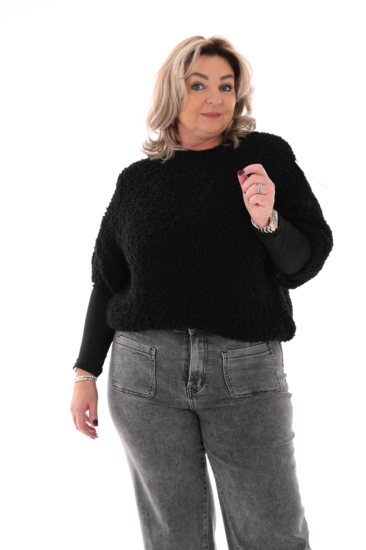 Boucle trui korte mouwen zwart