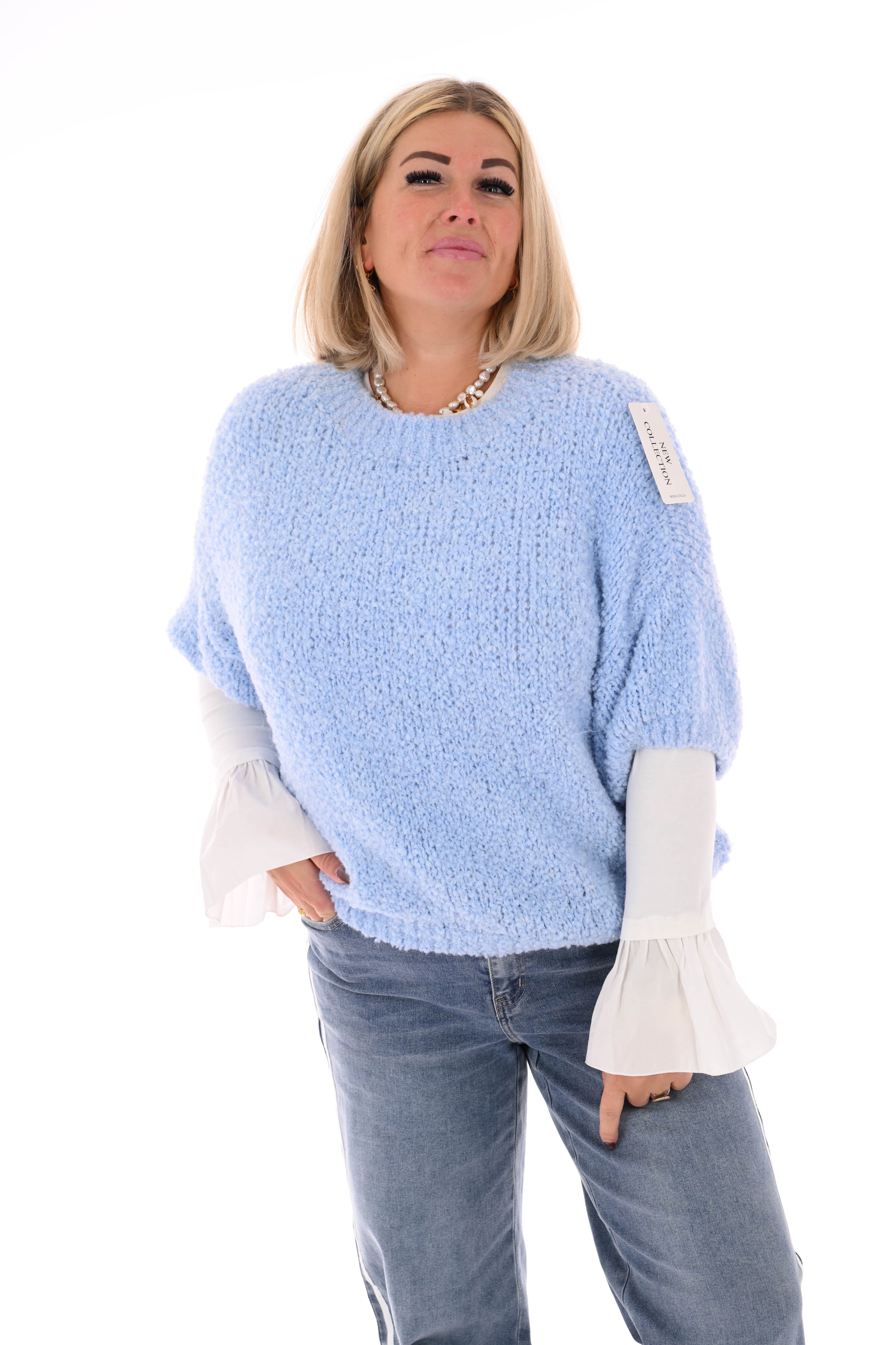 Boucle trui korte mouwen lichtblauw