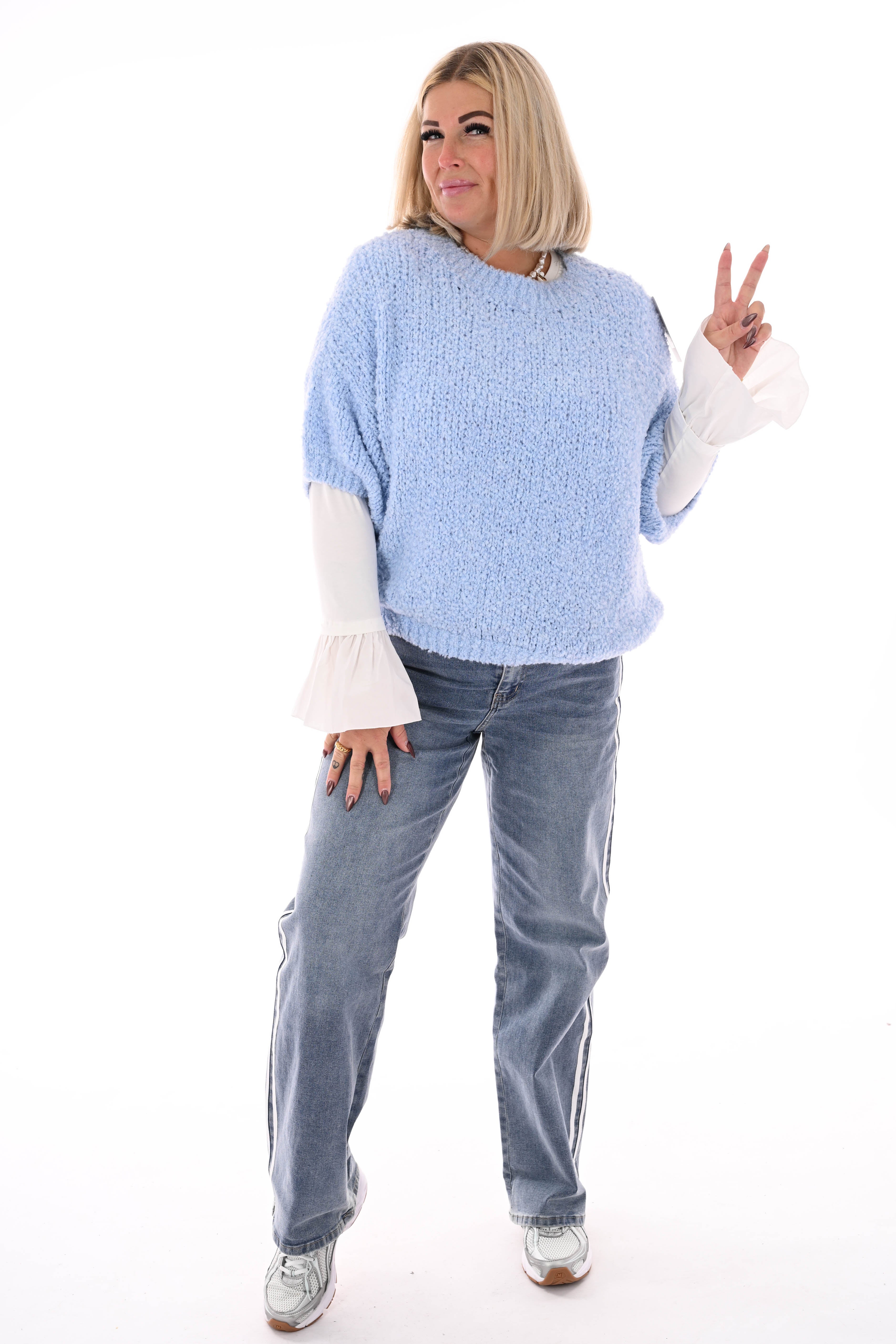 Boucle trui korte mouwen lichtblauw