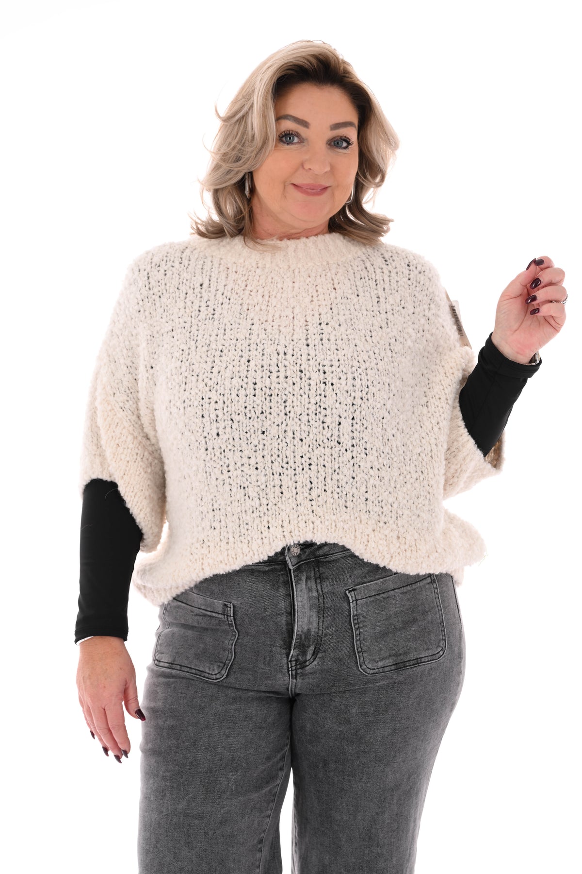 Boucle trui korte mouwen roomwit