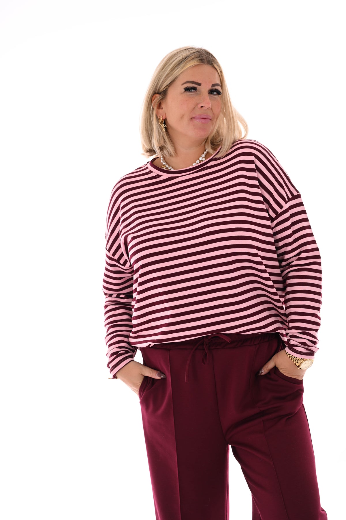 Gestreepte sweater bordeaux/ roze