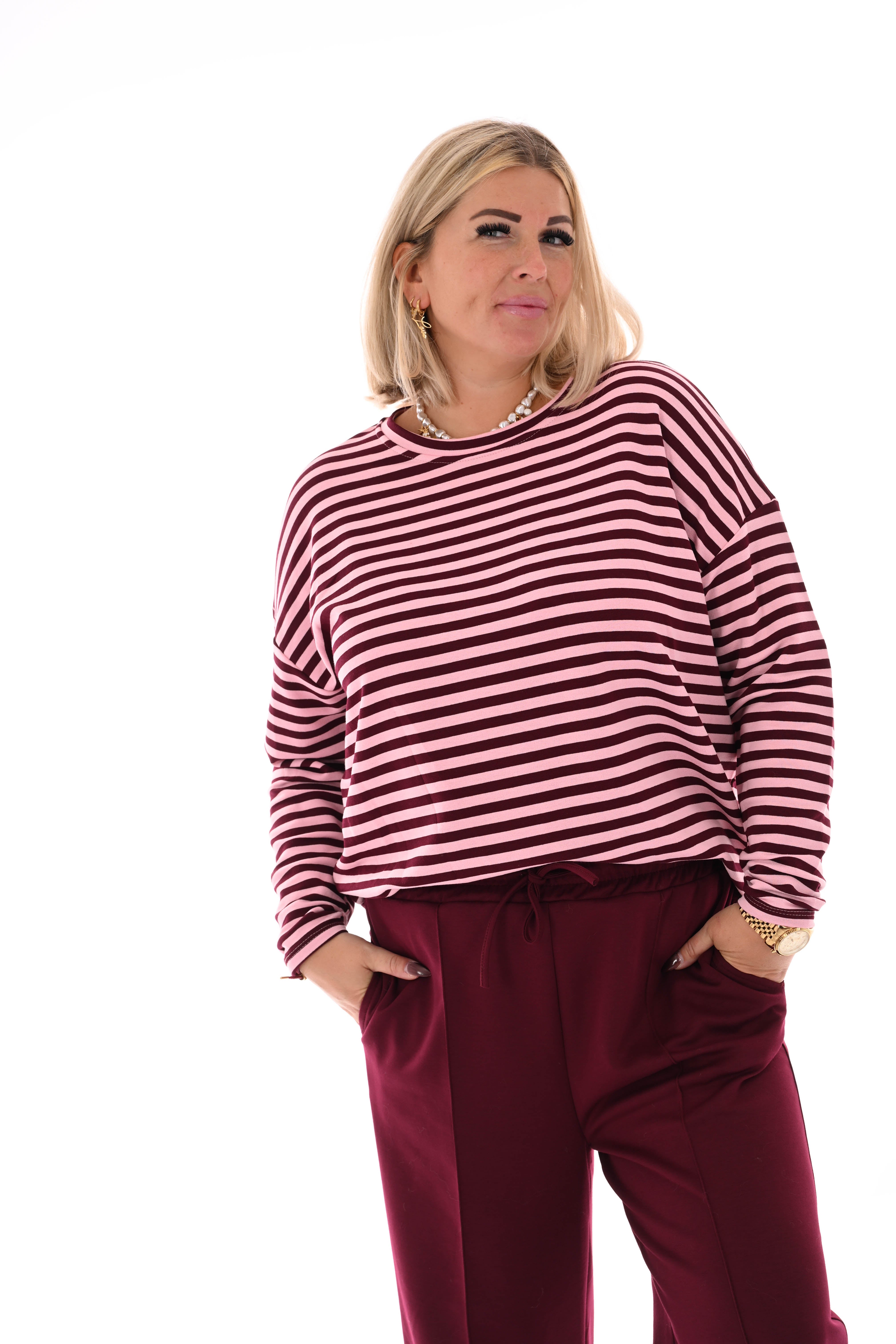 Gestreepte sweater bordeaux/ roze