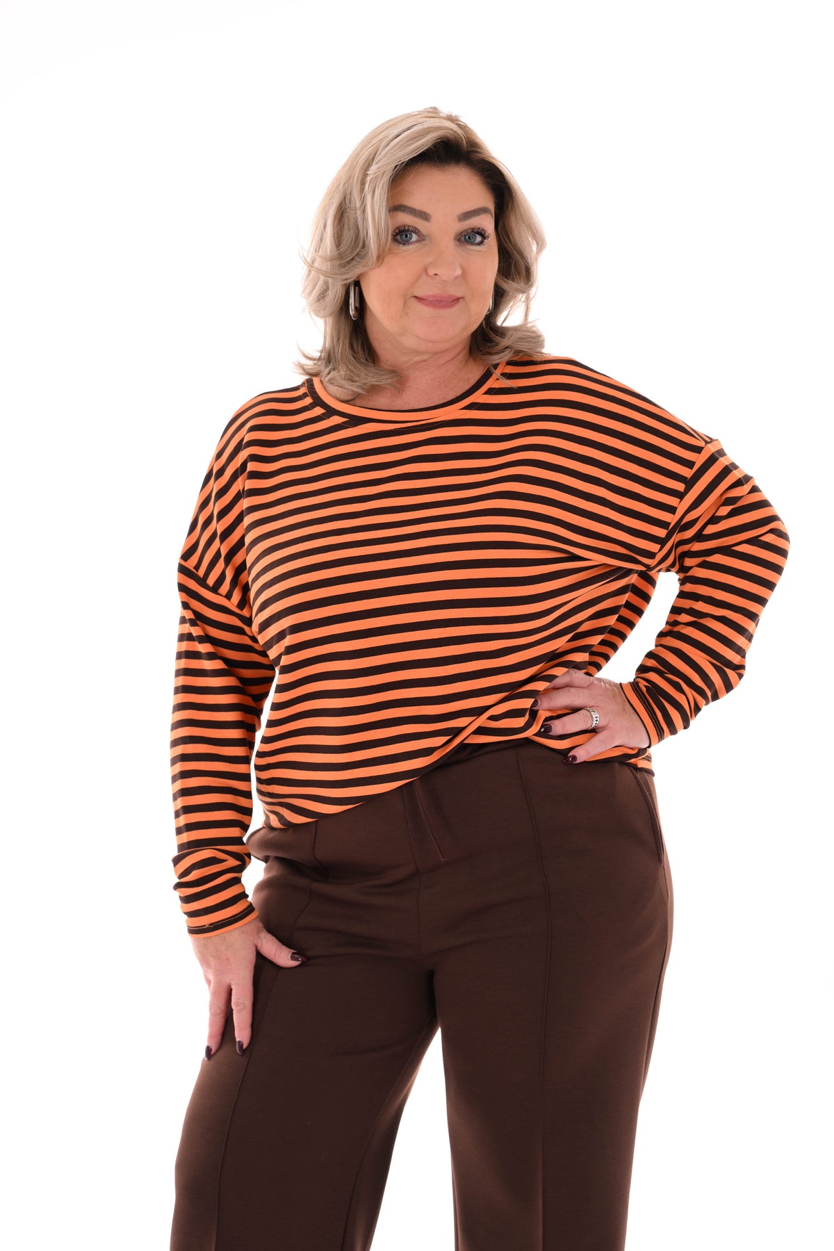 Gestreepte sweater oranje/donkerbruin