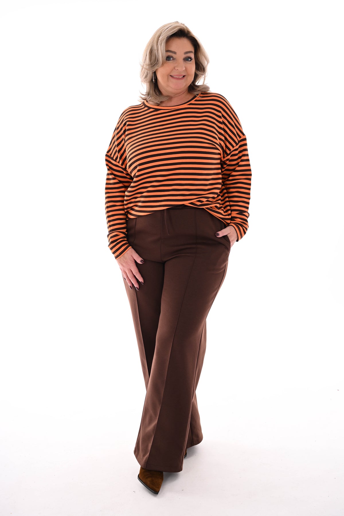 Gestreepte sweater oranje/donkerbruin