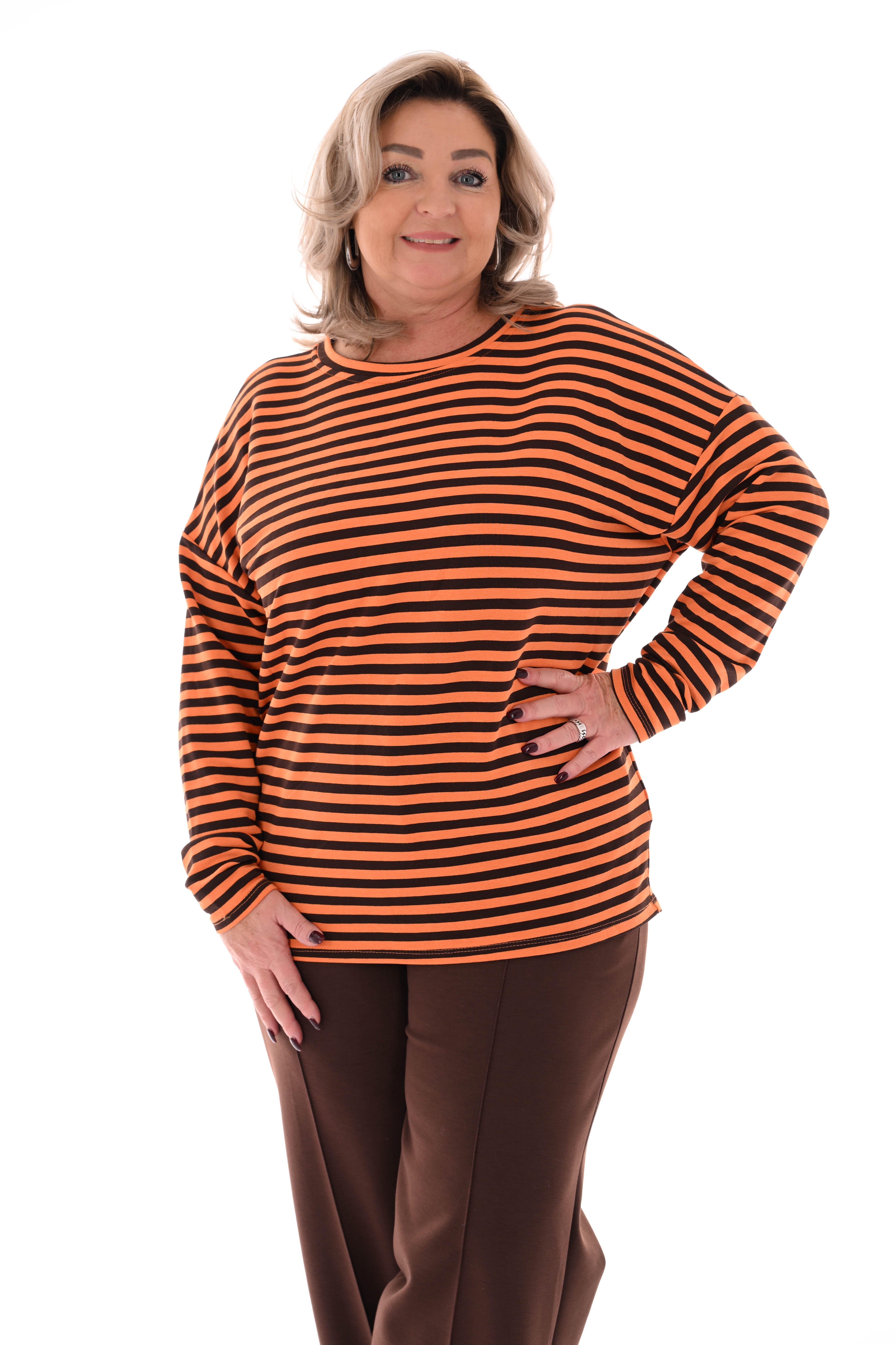 Gestreepte sweater oranje/donkerbruin