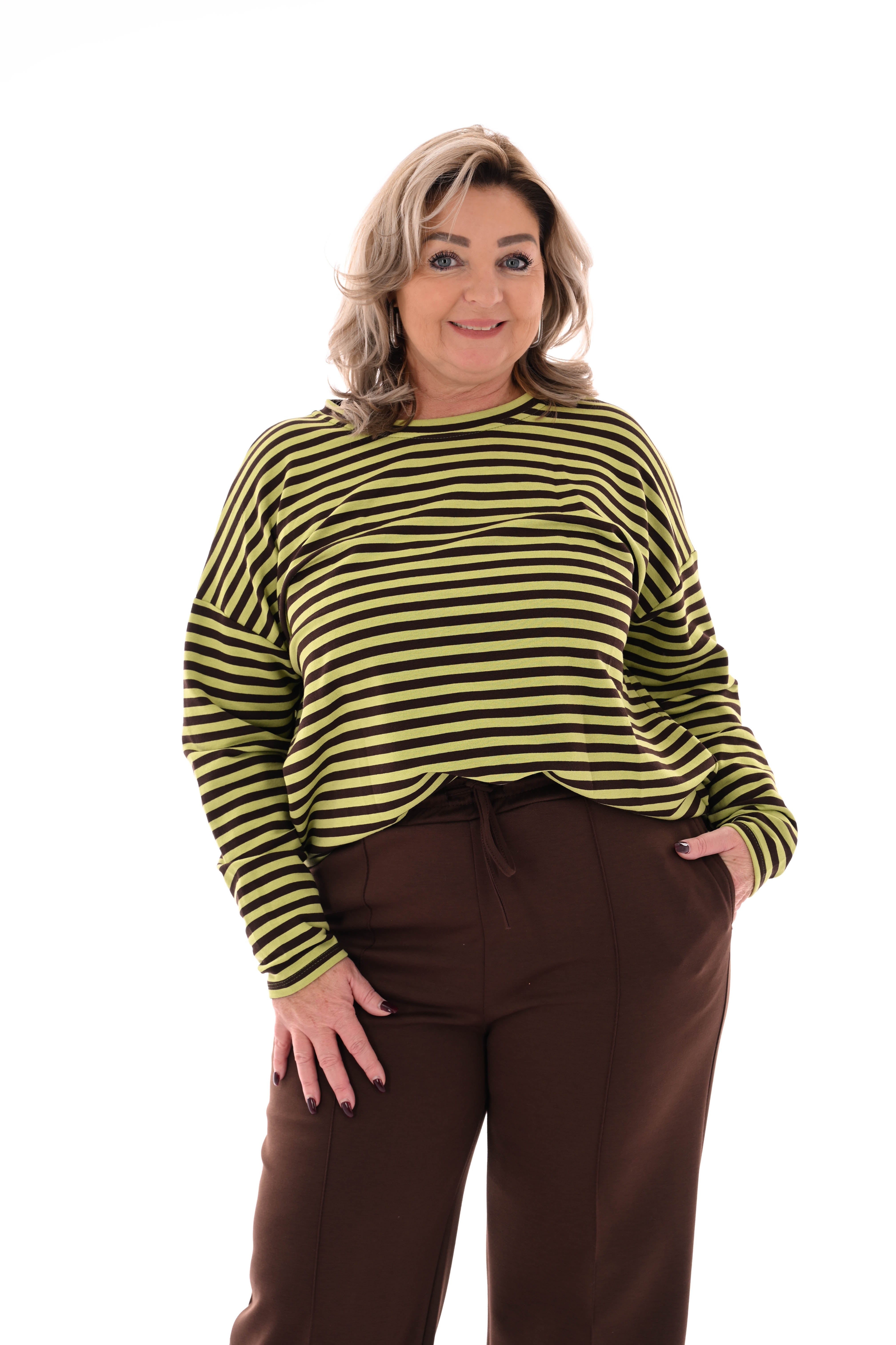 Gestreepte sweater donkerbruin/ pistache