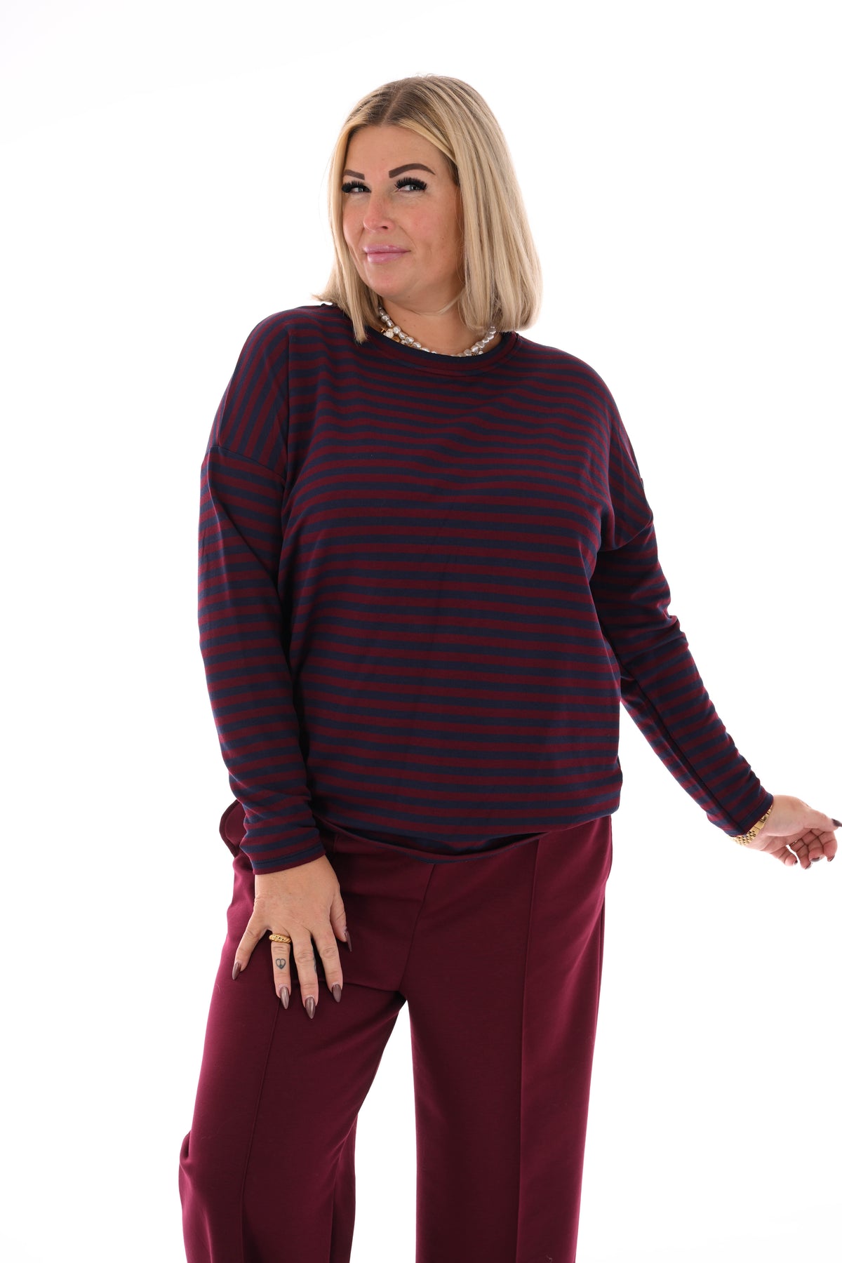 Gestreepte sweater marineblauw/ bordeaux