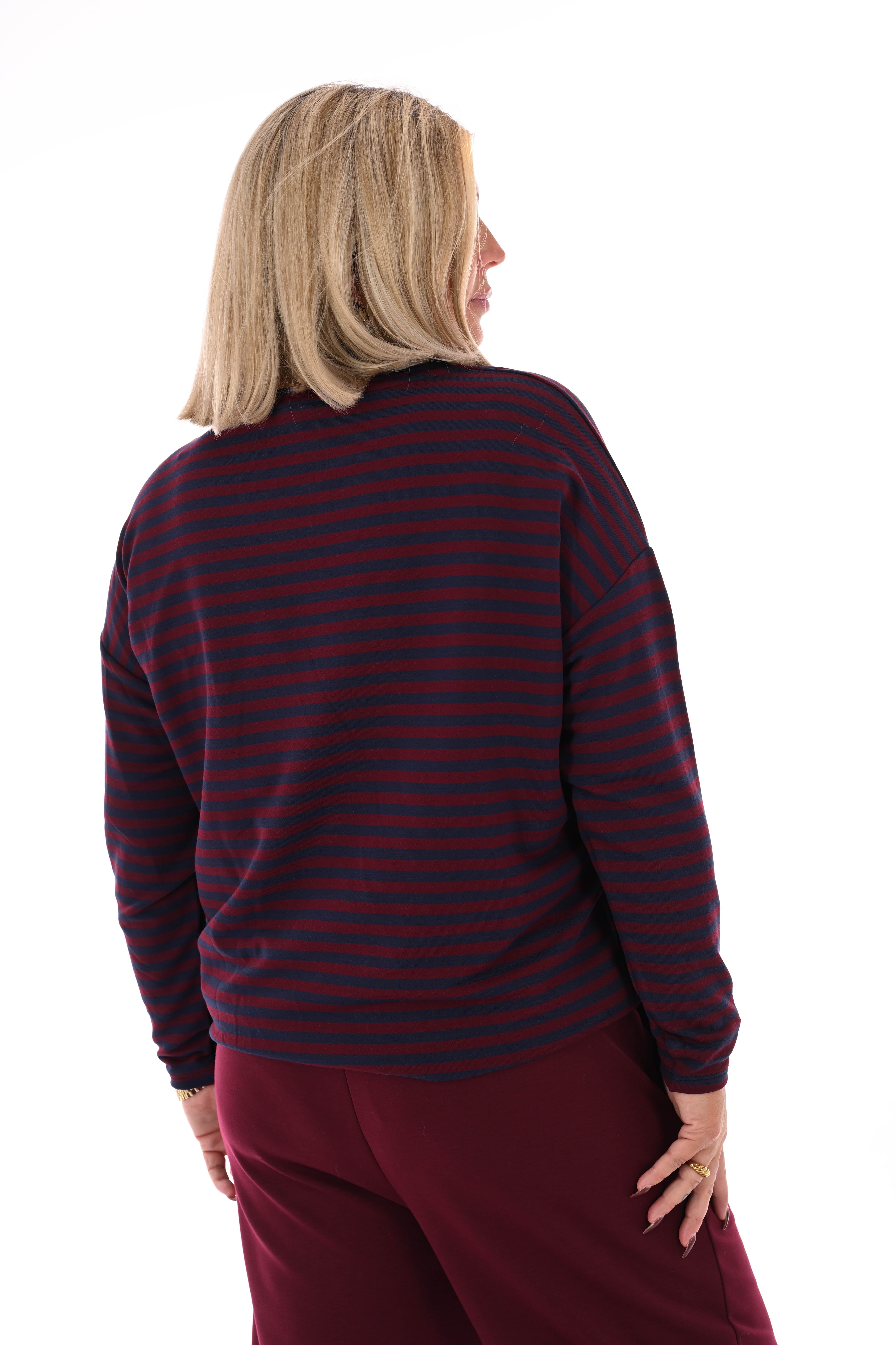 Gestreepte sweater marineblauw/ bordeaux