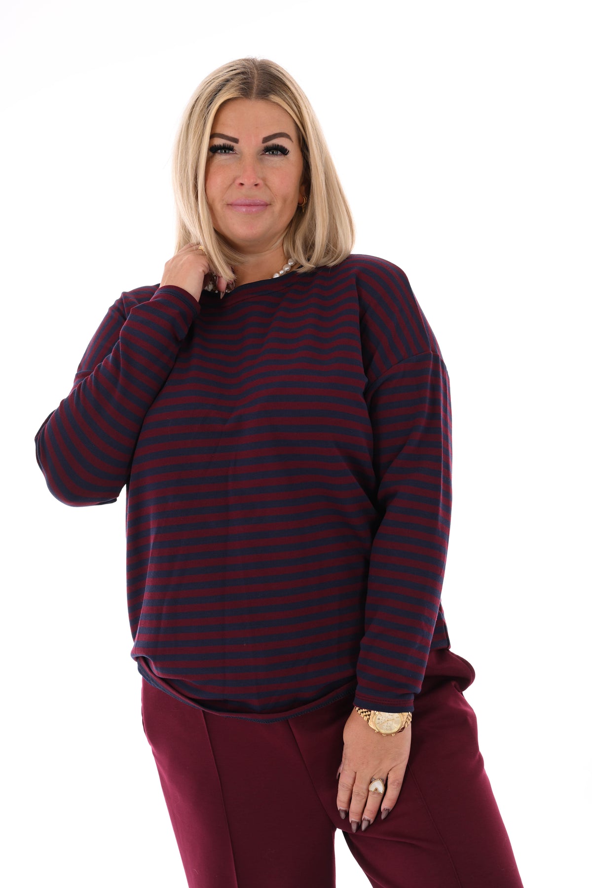 Gestreepte sweater marineblauw/ bordeaux