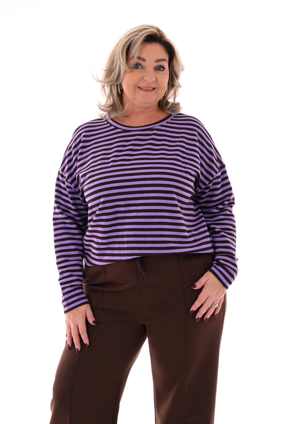 Gestreepte sweater donkerbruin/ lila