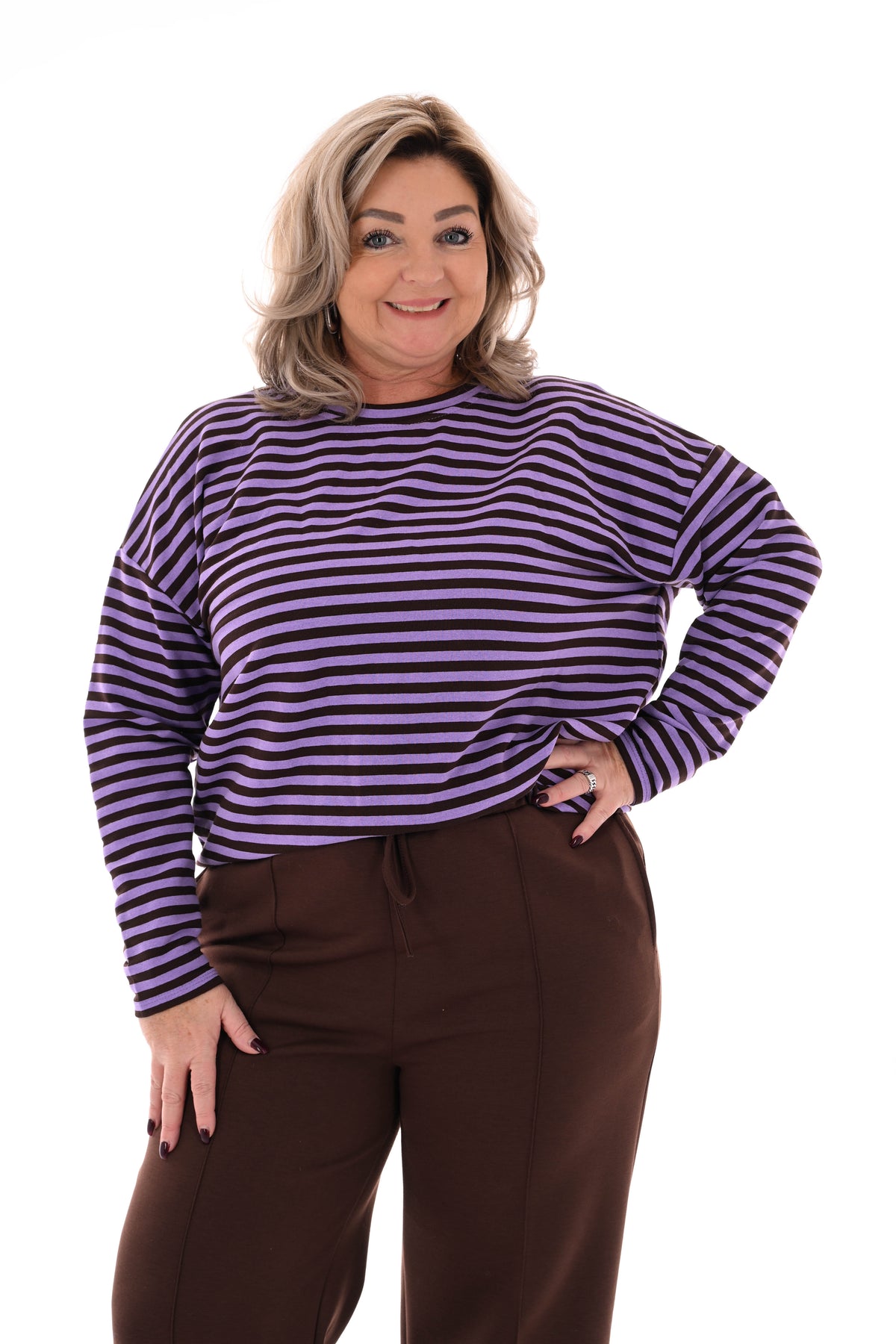 Gestreepte sweater donkerbruin/ lila