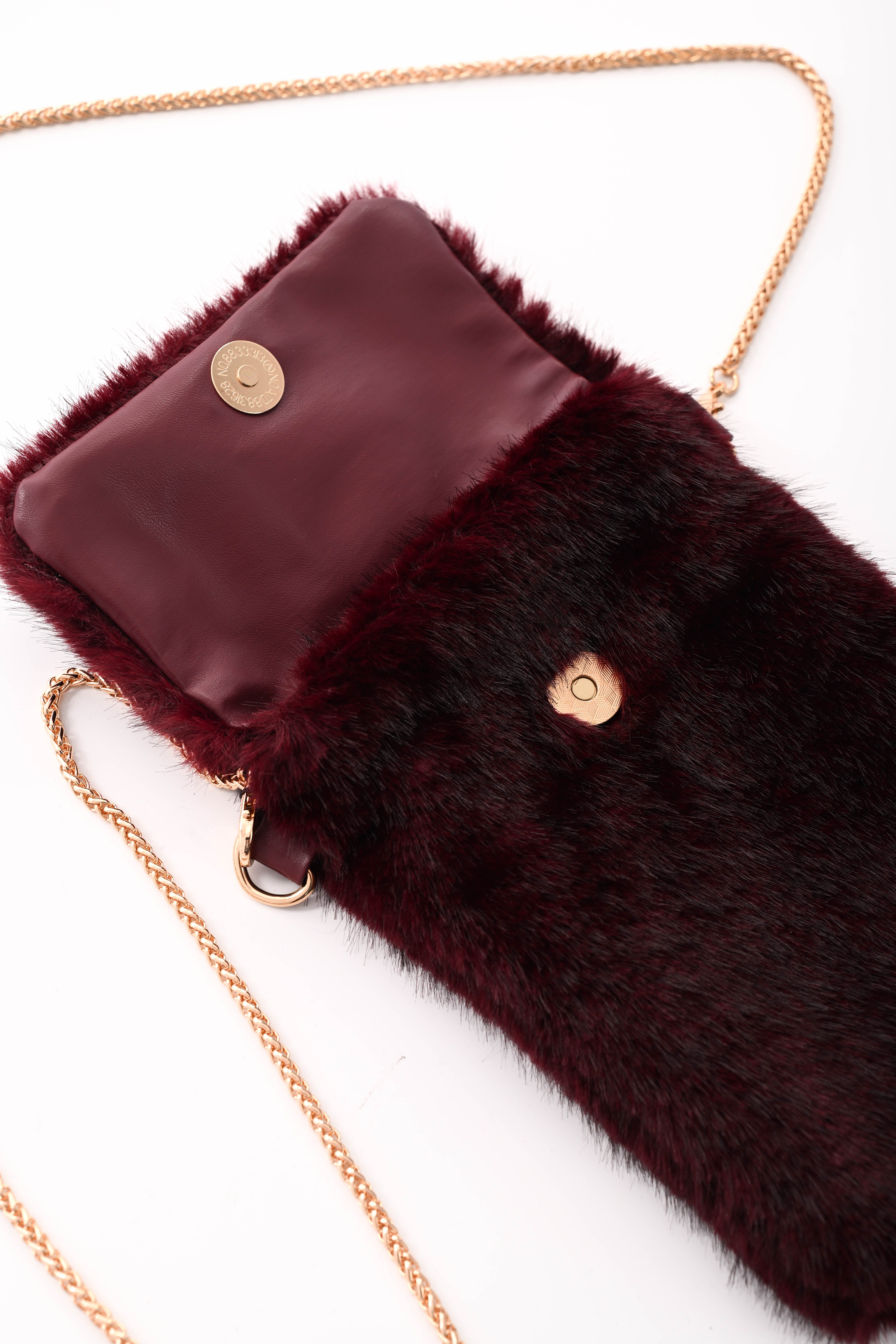 Crossbody faux fur vierkant telefoon tasje bordeaux