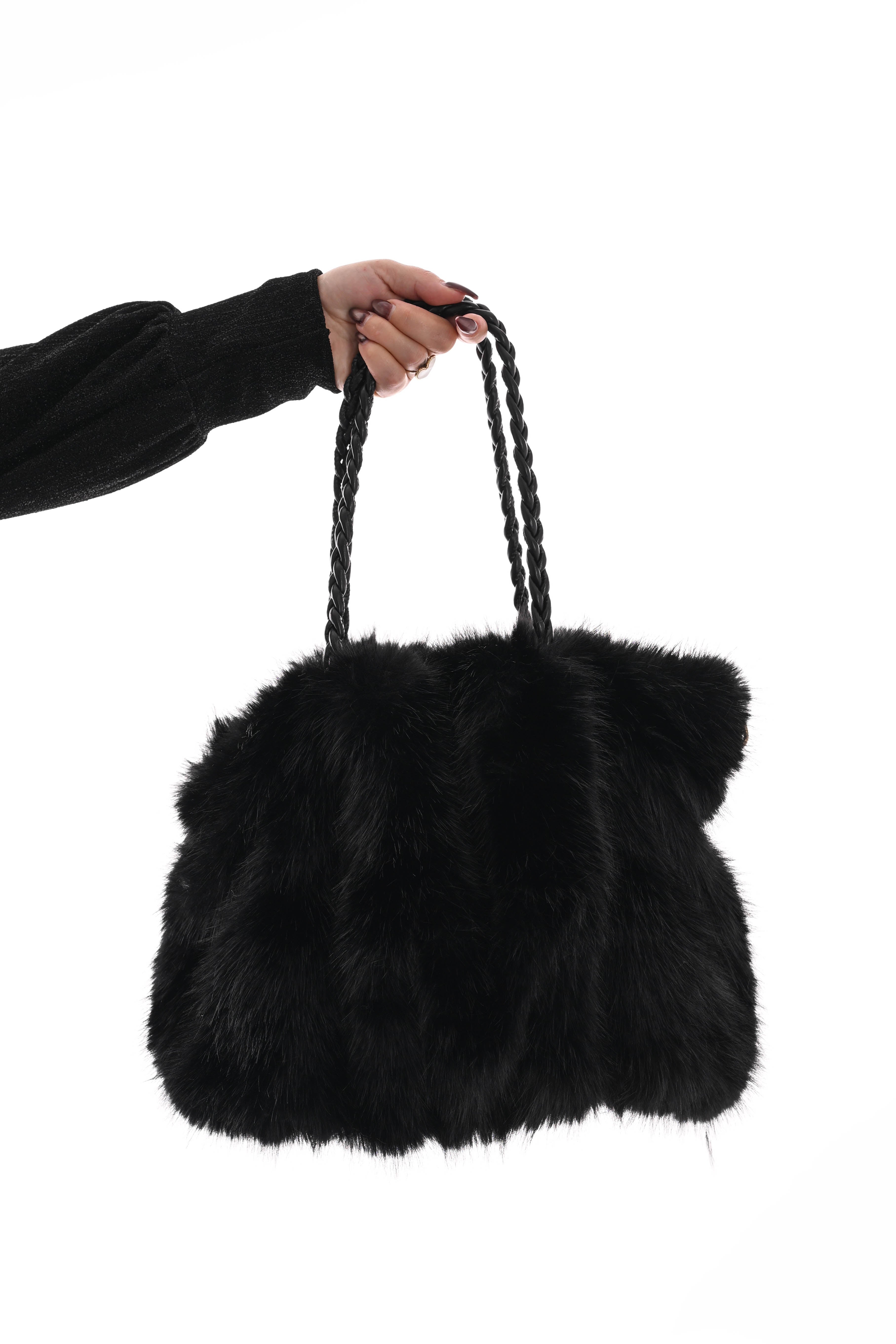 Handtas faux fur dun gevlochten handvat zwart