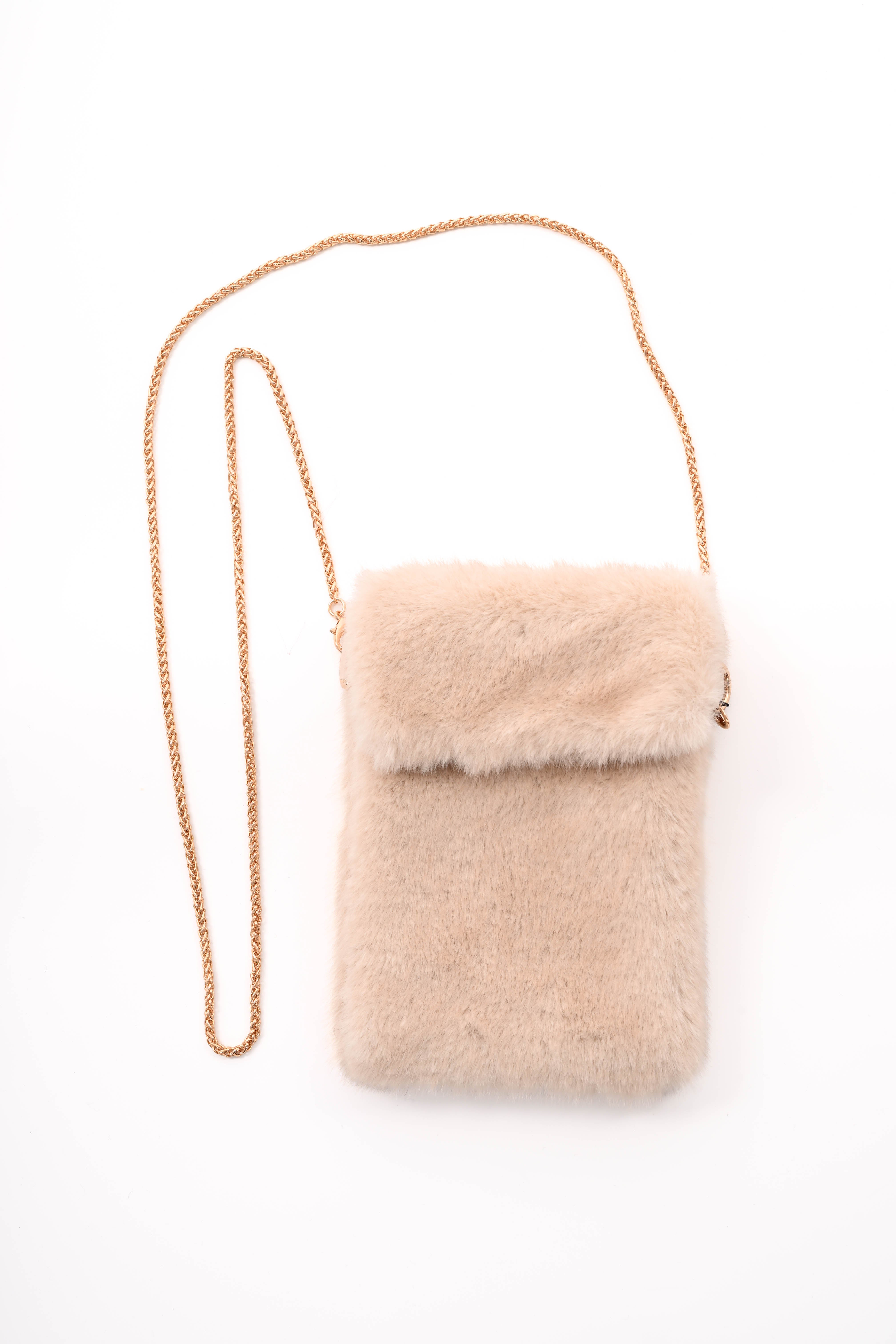 Crossbody faux fur vierkant telefoon tasje beige