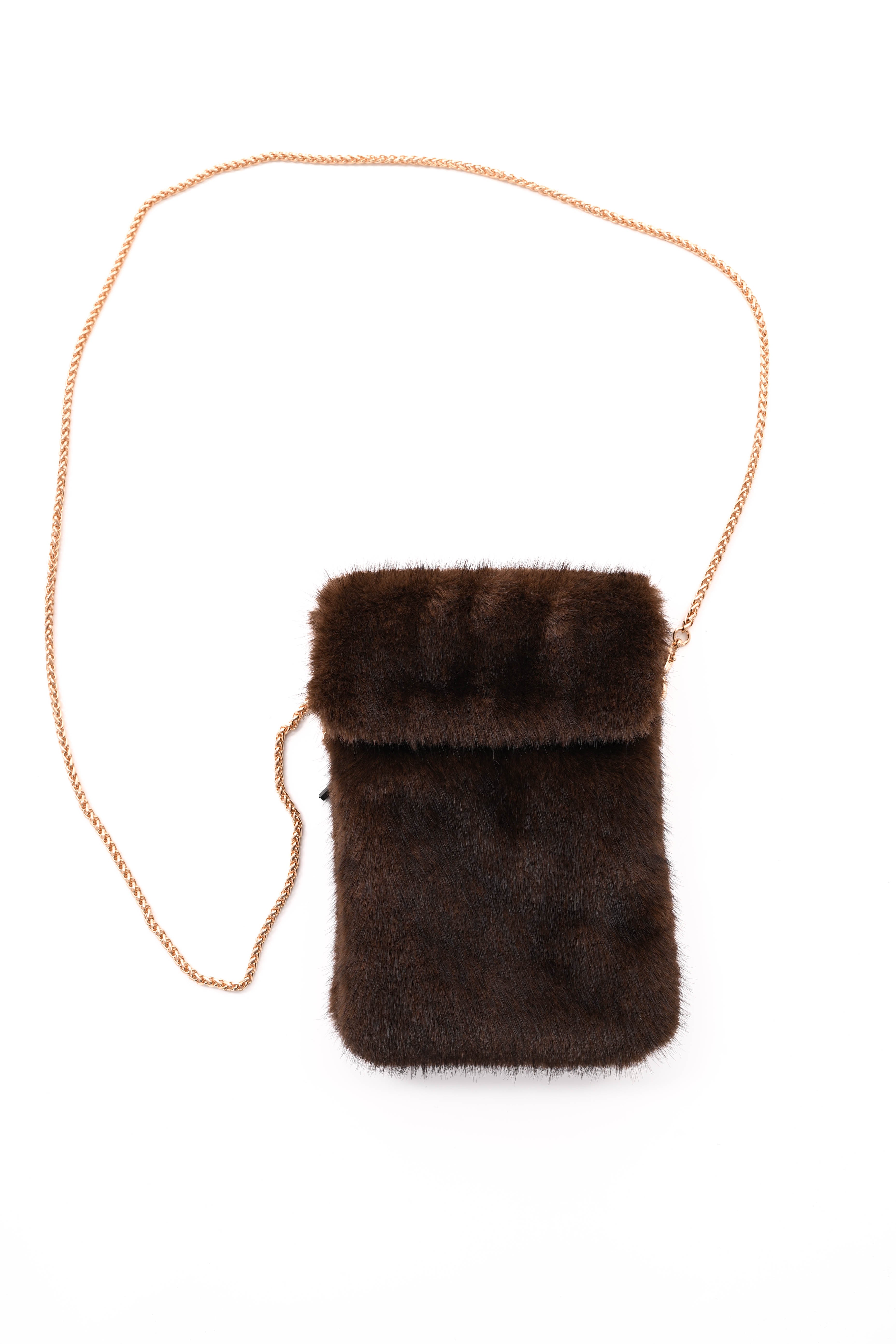 Crossbody faux fur vierkant telefoon tasje bruin