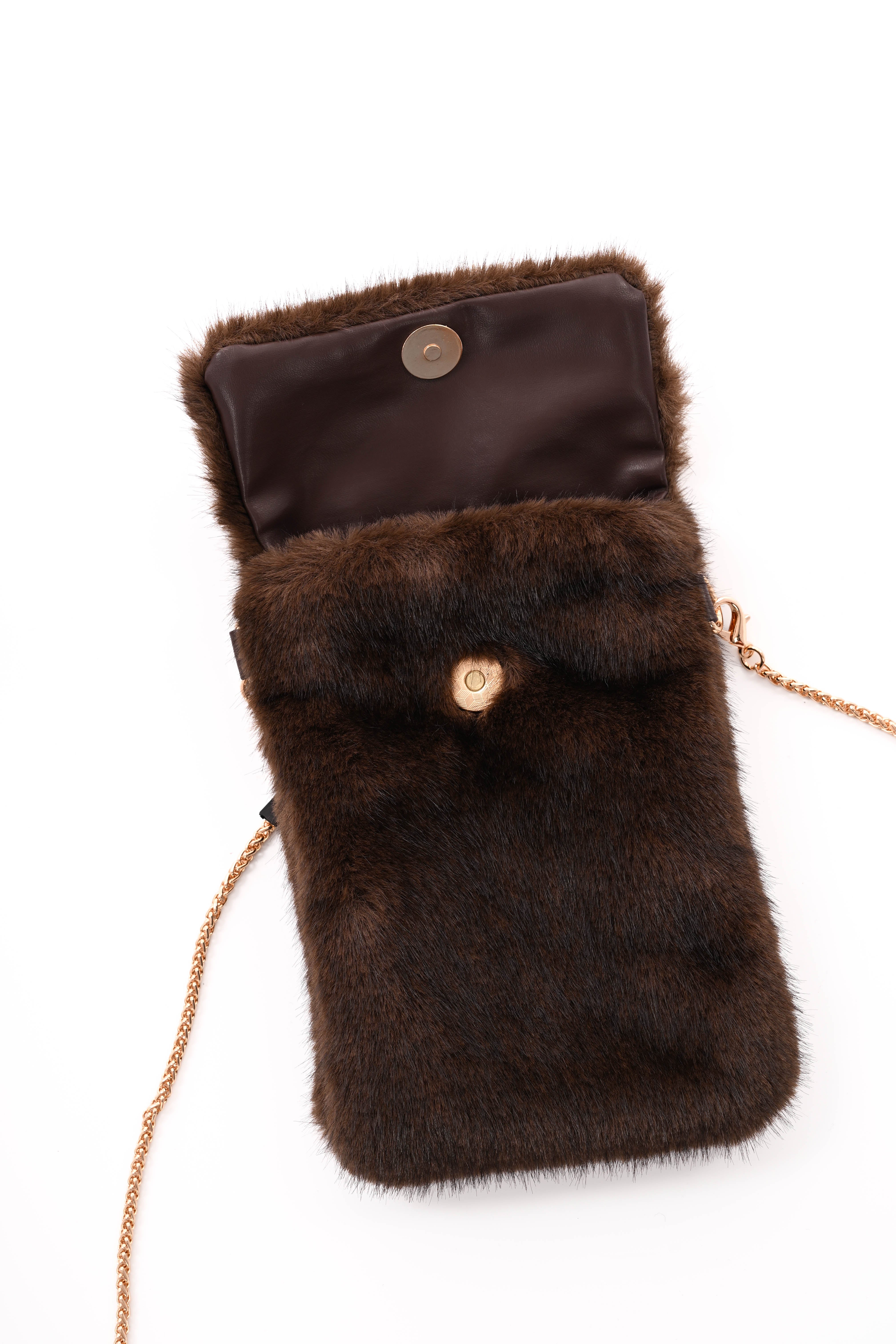 Crossbody faux fur vierkant telefoon tasje bruin