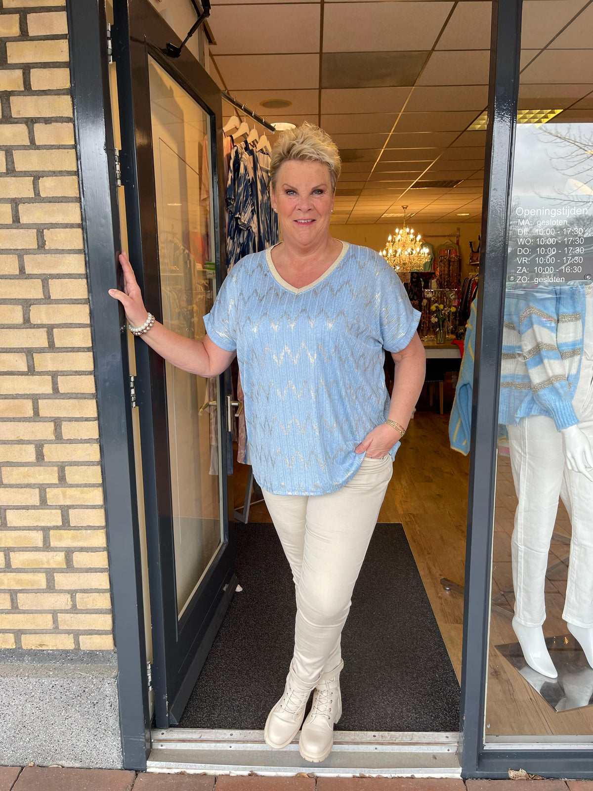 Top silky zigzag blauw/goud