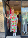 Lange wikkeljurk tropical roze/groen
