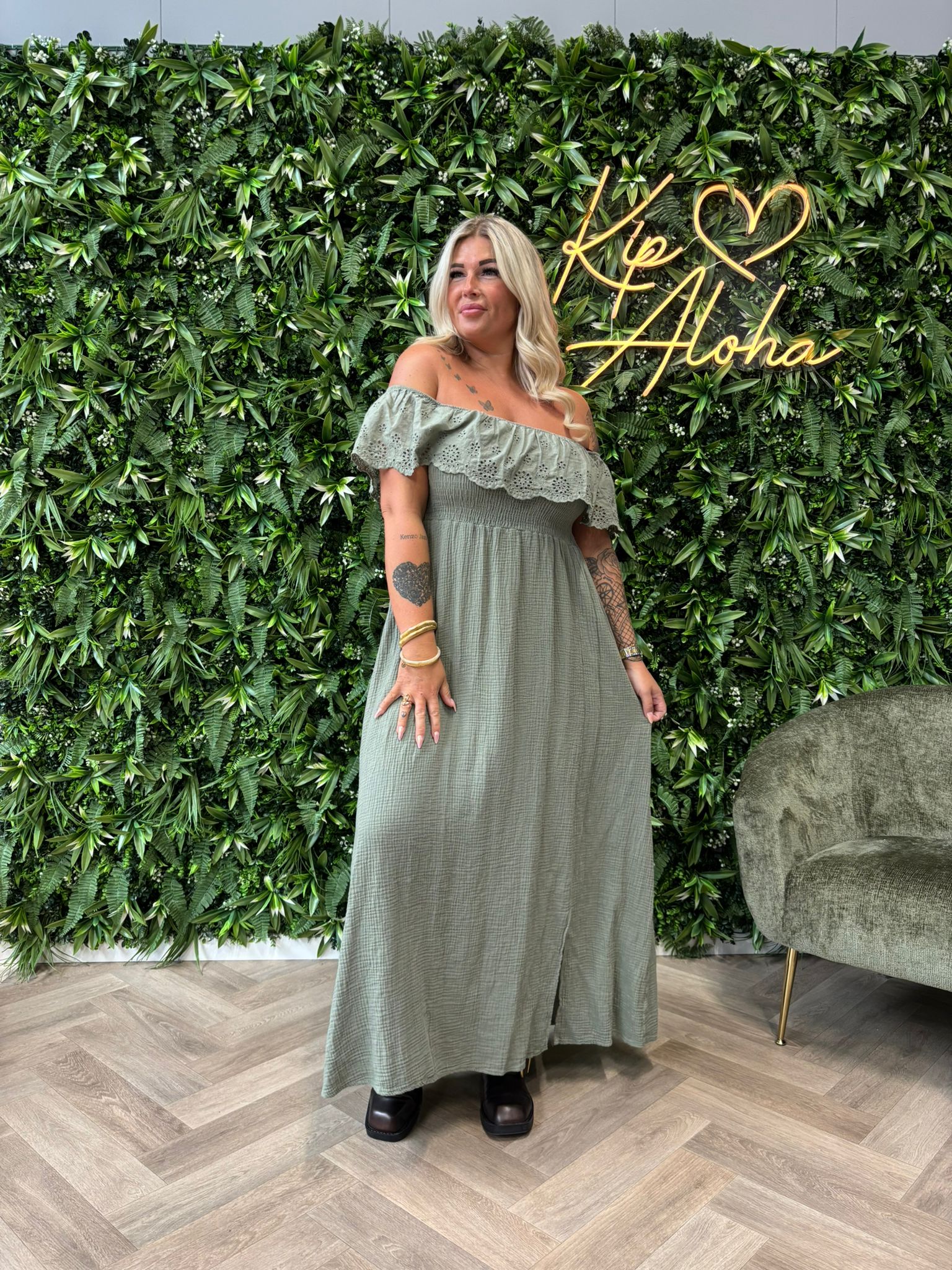 Broderie jurk smock legergroen