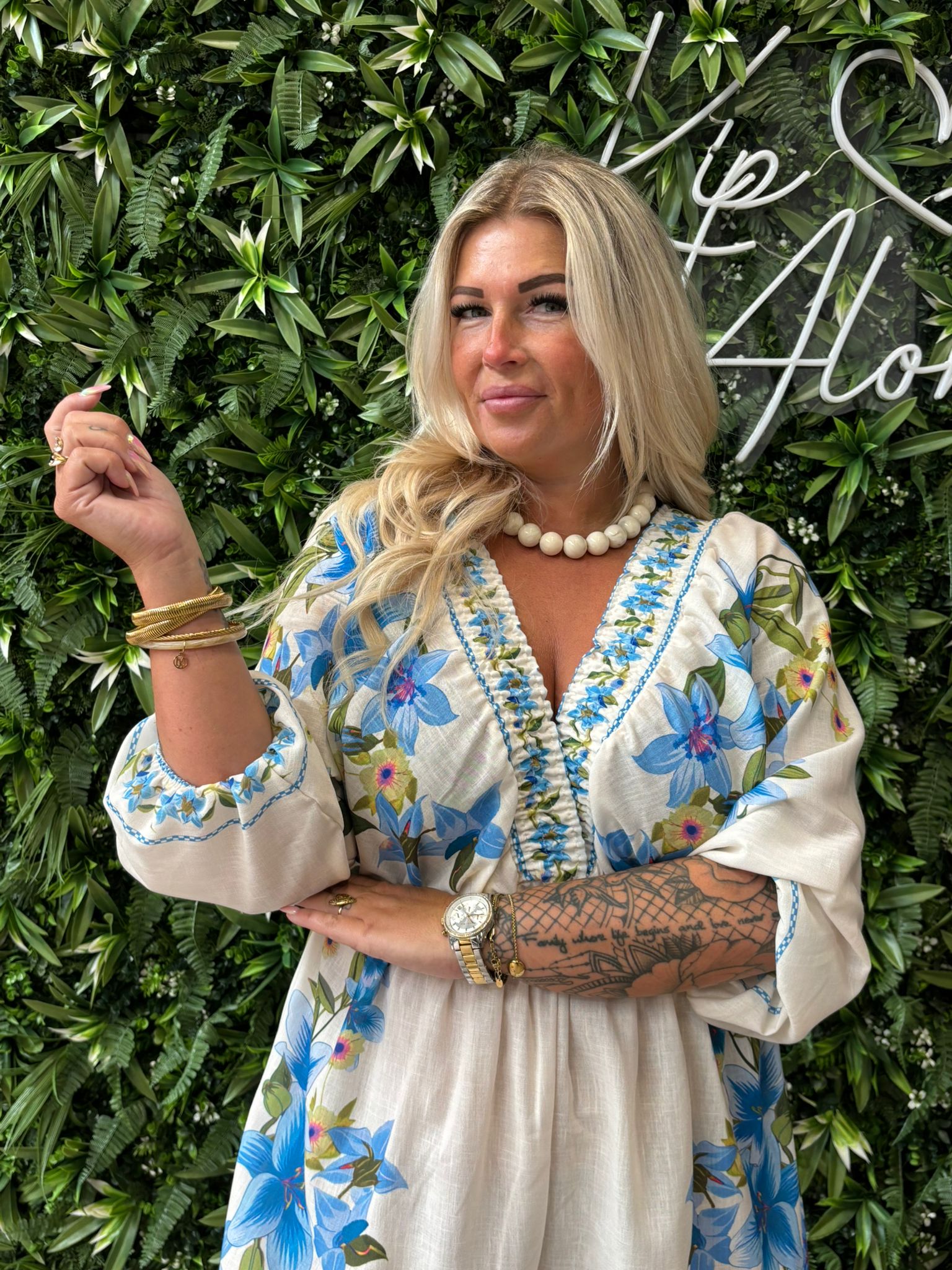 Playsuit lelies v-hals roomwit/blauw