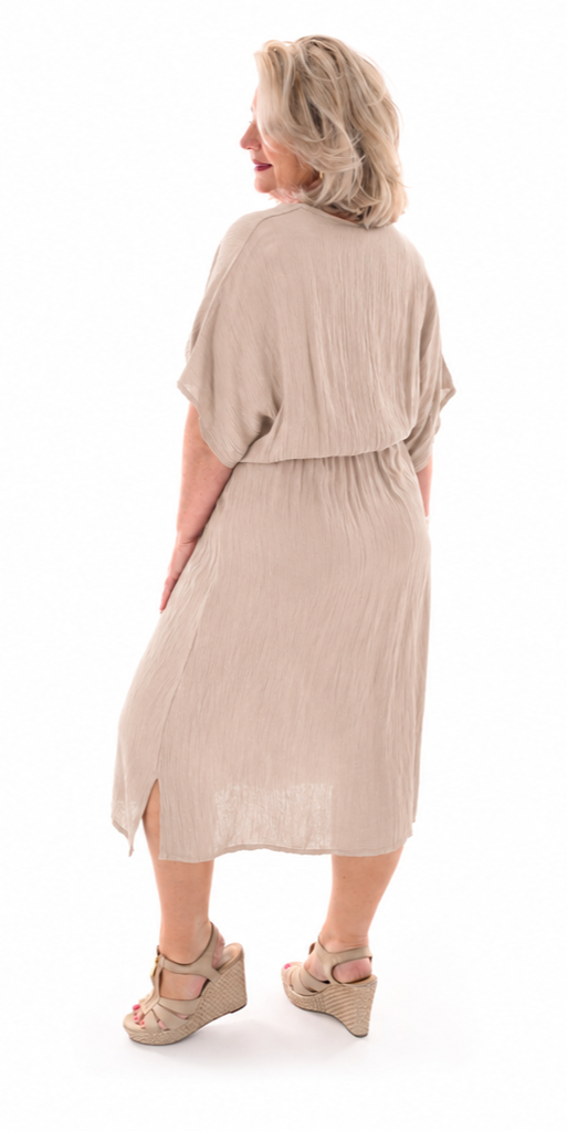 Midi jurk v-hals overslag uni beige