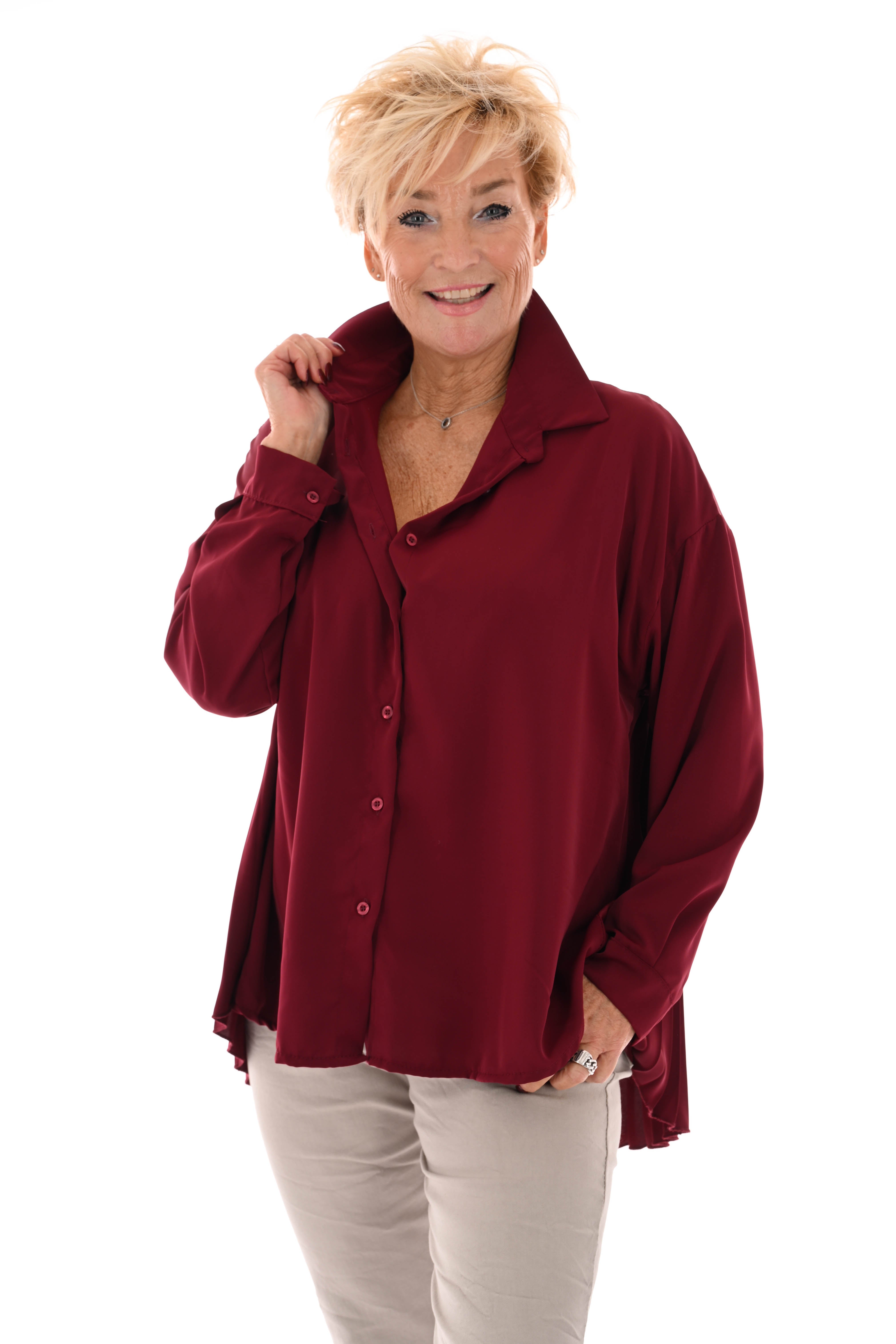 Doorknoop blouse uni plisse rug bordeaux