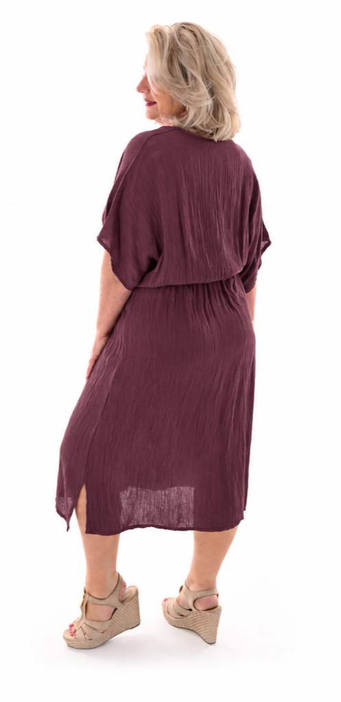Midi jurk v-hals overslag uni bordeaux
