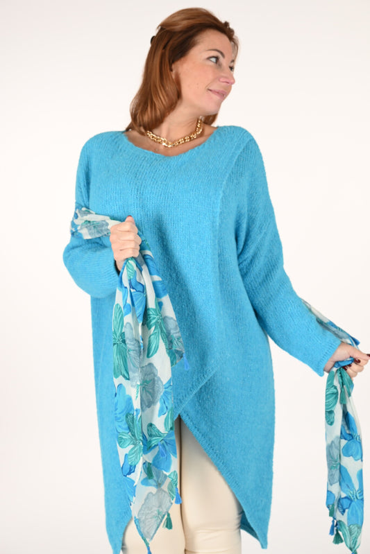 Gebreide trui met overslag  aquablauw