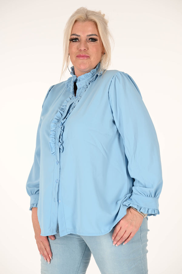 Korte blouse doorknoop met roezels lichtblauw