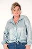 Korte blouse doorknoop metallic lichtblauw