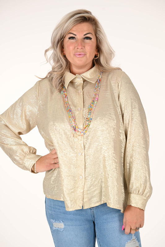 Korte blouse doorknoop metallic goud