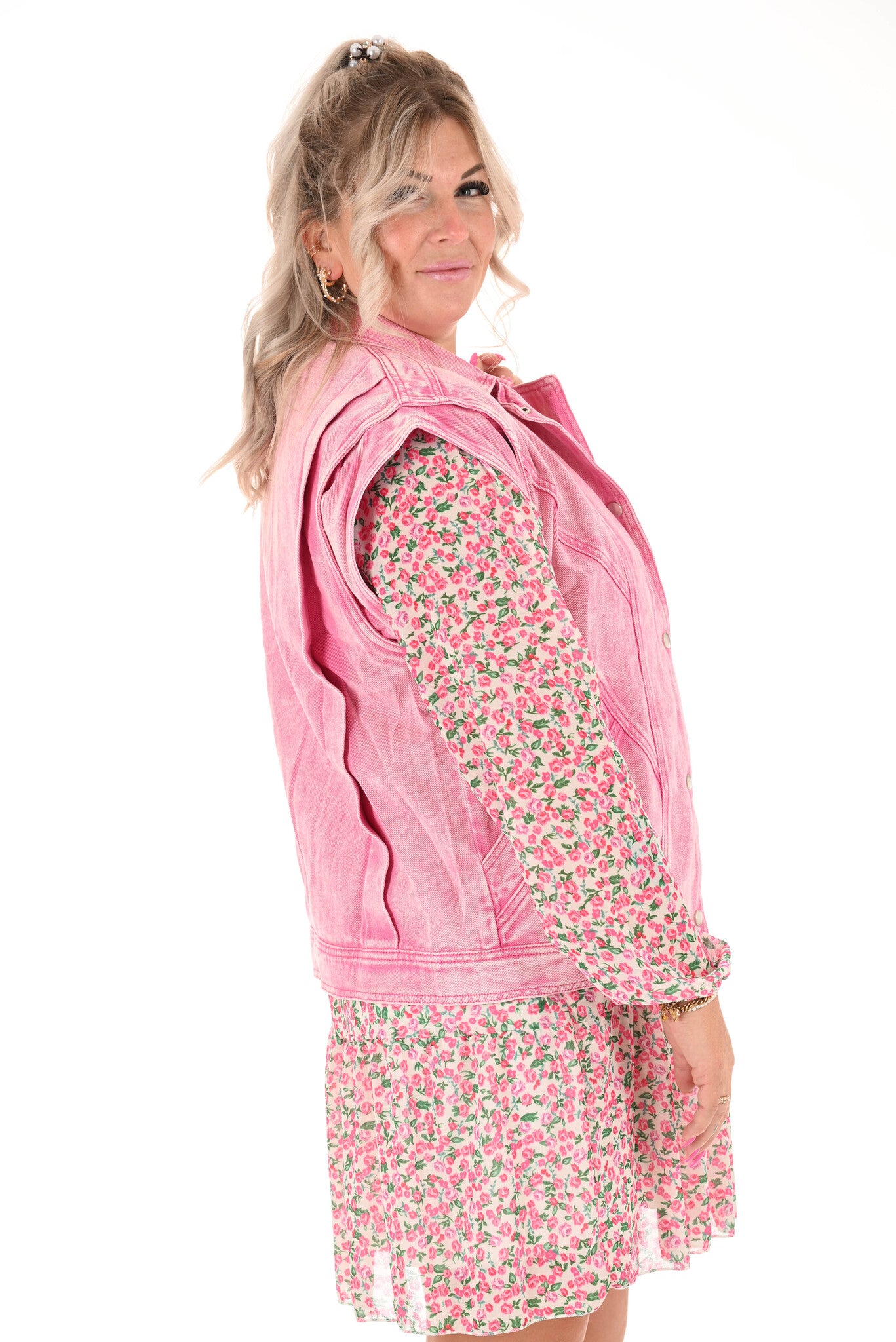 Jurk elastieken hals met stroken bloemen beige/roze