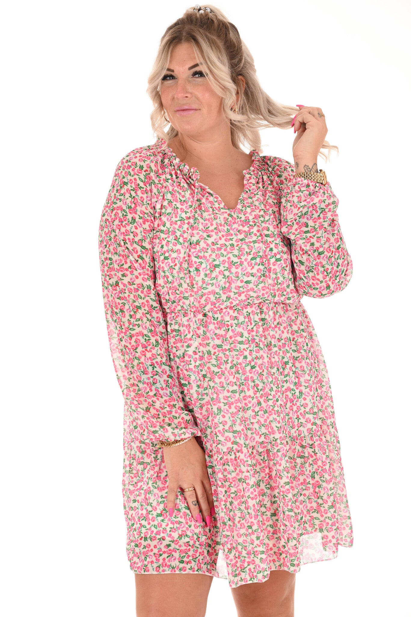 Jurk elastieken hals met stroken bloemen beige/roze