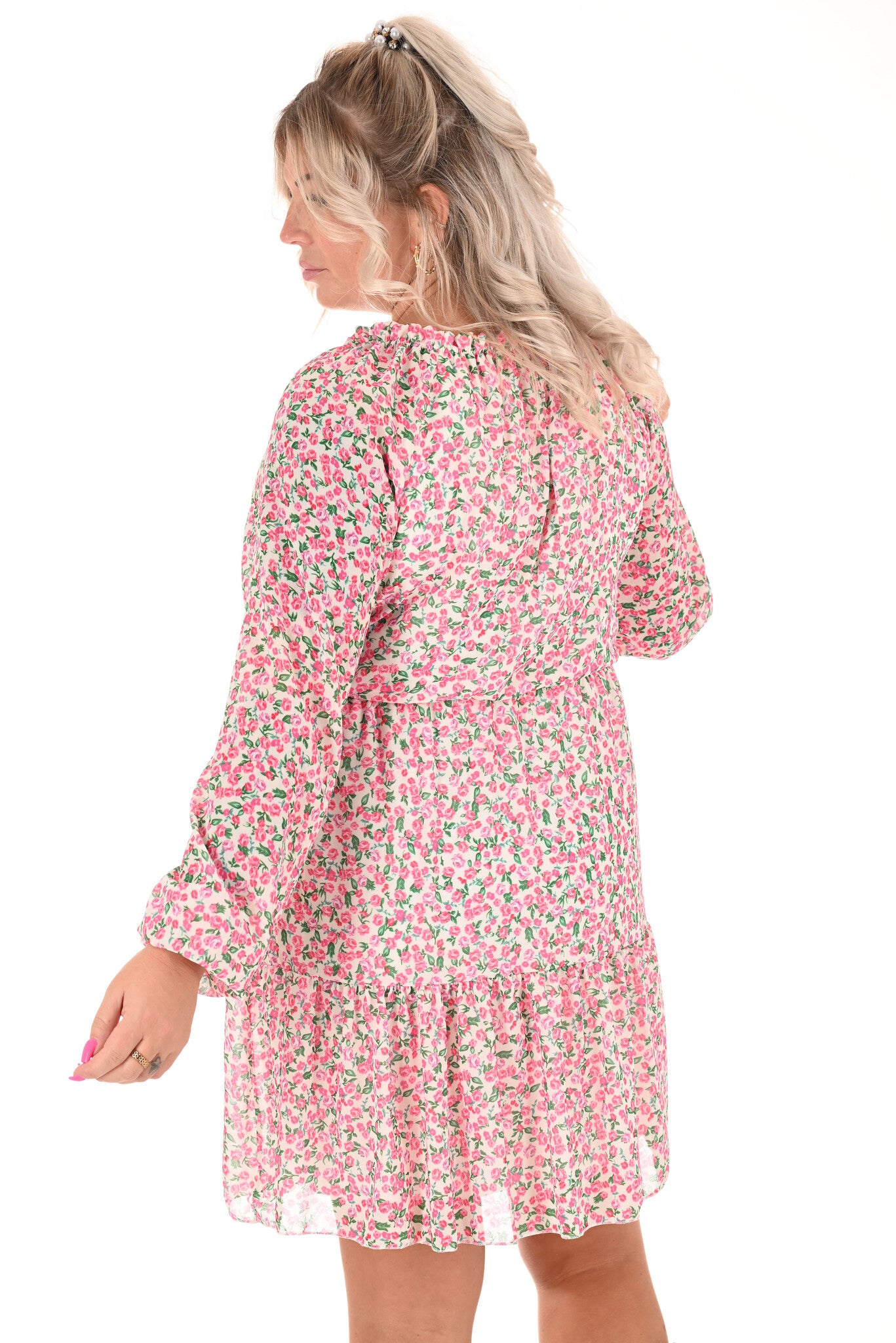 Jurk elastieken hals met stroken bloemen beige/roze