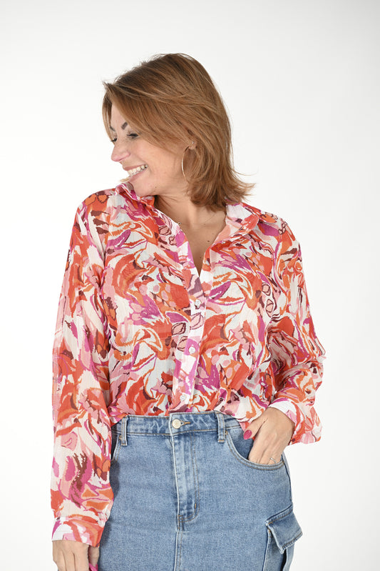 Blouse doorknoop floral print oranje/roze