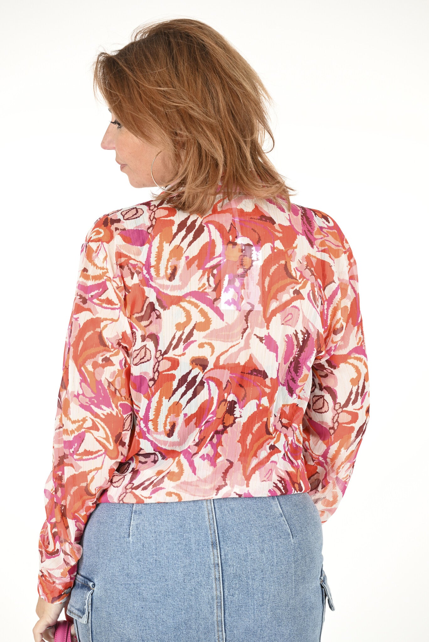 Blouse doorknoop floral print oranje/roze