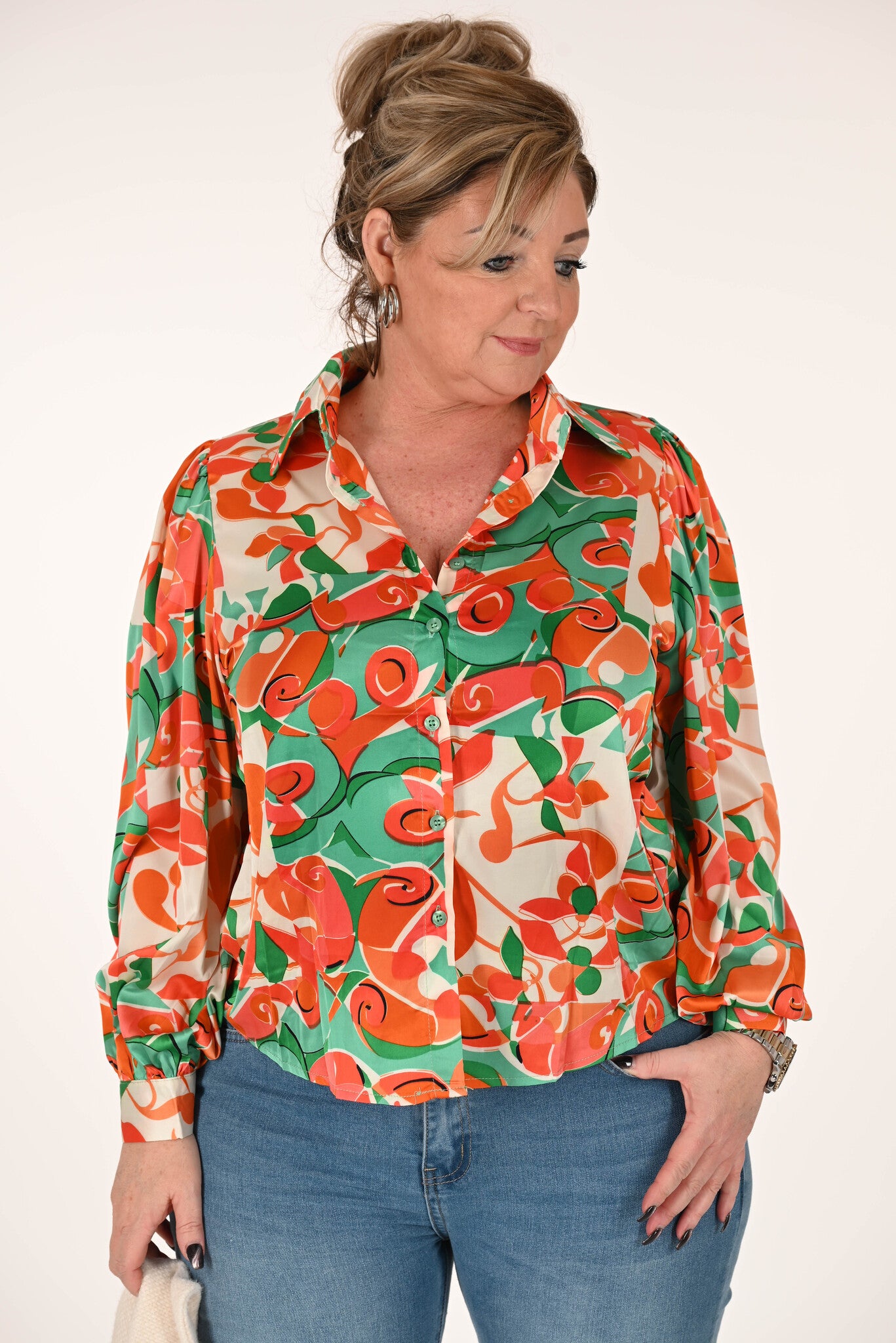 Blouse doorknoop circus groen/oranje