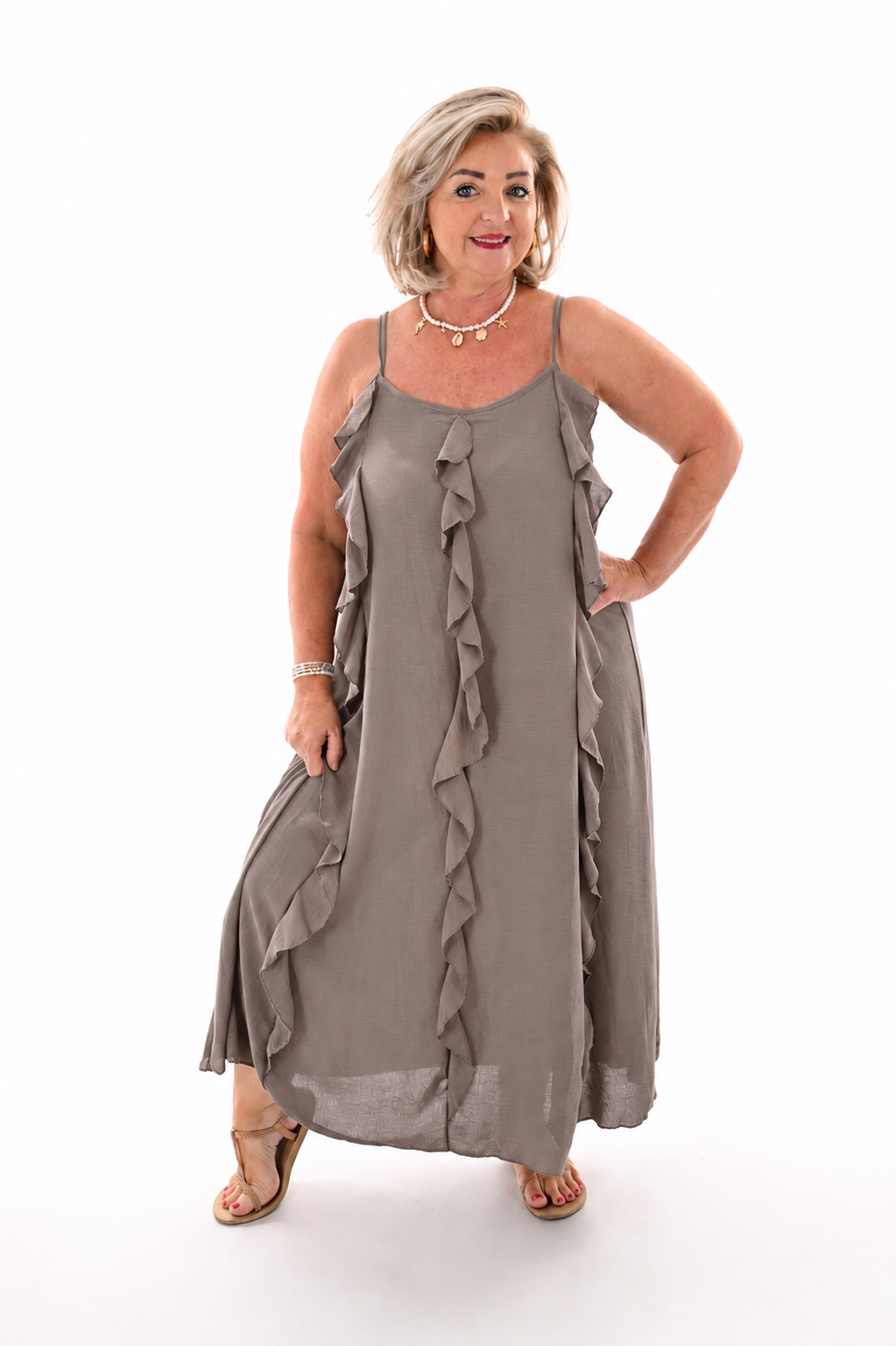 Lange jurk roezels taupe